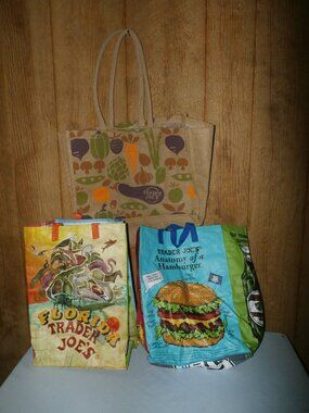Lot of 3 NEW Trader Joe's Reusable Tote Bags Jute Cotton Burlap/ Florida